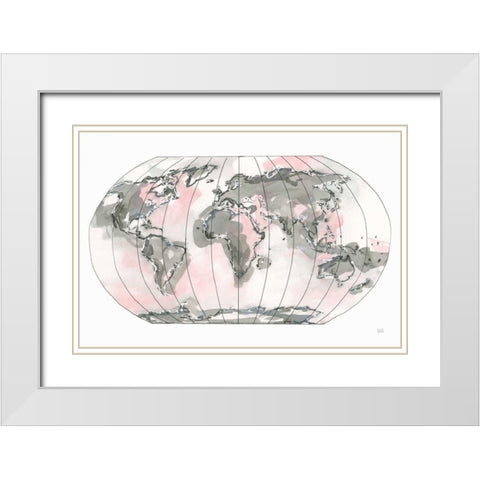 World Map Blush v2 White Modern Wood Framed Art Print with Double Matting by Paschke, Chris