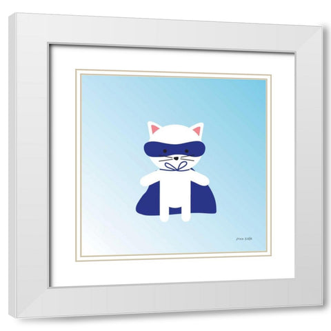Cat Super Hero White Modern Wood Framed Art Print with Double Matting by Kelle, Ann