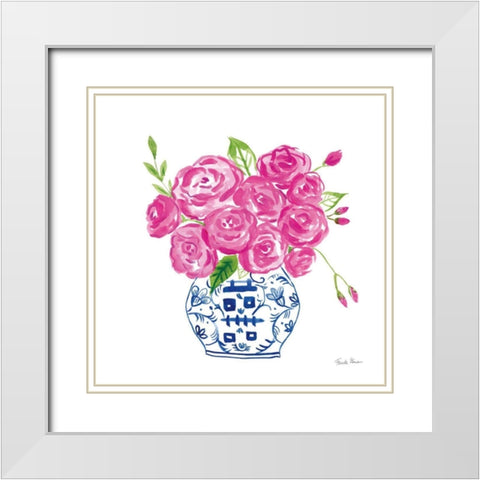 Chinoiserie Roses on White II White Modern Wood Framed Art Print with Double Matting by Zaman, Farida