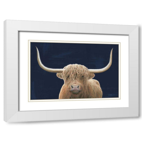 Highland Cow Navy White Modern Wood Framed Art Print with Double Matting by Wiens, James