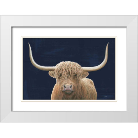 Highland Cow Navy White Modern Wood Framed Art Print with Double Matting by Wiens, James