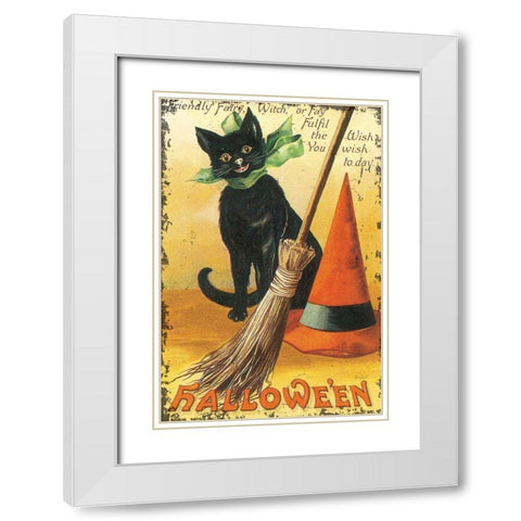 Halloween Nostalgia Cat with Broom White Modern Wood Framed Art Print with Double Matting by Pertiet, Katie