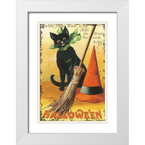Halloween Nostalgia Cat with Broom White Modern Wood Framed Art Print with Double Matting by Pertiet, Katie