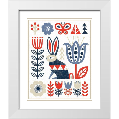 Folk Lodge Rabbit Red Navy White Modern Wood Framed Art Print with Double Matting by Mullan, Michael