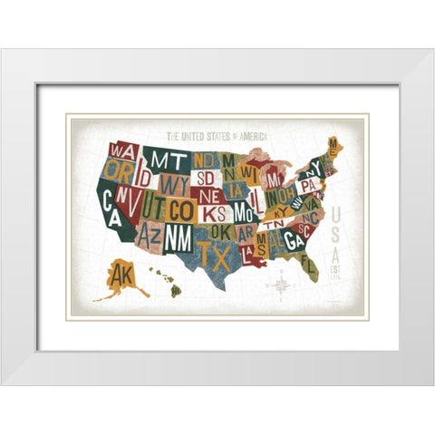 Letterpress USA Map Warm White Modern Wood Framed Art Print with Double Matting by Mullan, Michael