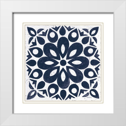 Blue and White Tile III White Modern Wood Framed Art Print with Double Matting by Lovell, Kathrine