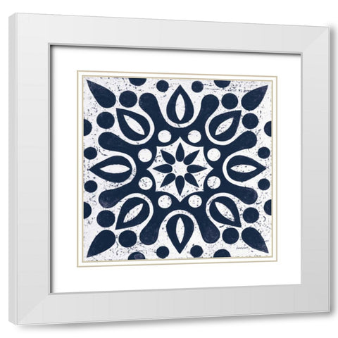 Blue and White Tile IV White Modern Wood Framed Art Print with Double Matting by Lovell, Kathrine