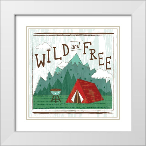 Comfy Camping V White Modern Wood Framed Art Print with Double Matting by Averinos, Melissa
