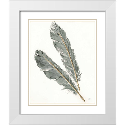 Gold Feathers III Green White Modern Wood Framed Art Print with Double Matting by Paschke, Chris
