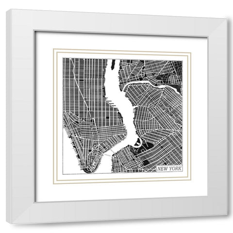 New York Map Black White Modern Wood Framed Art Print with Double Matting by Marshall, Laura