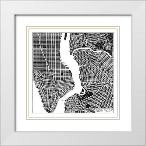 New York Map Black White Modern Wood Framed Art Print with Double Matting by Marshall, Laura