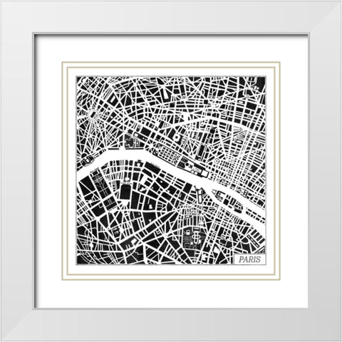 Paris Map Black White Modern Wood Framed Art Print with Double Matting by Marshall, Laura