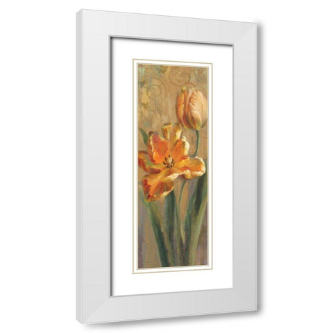 Parrot Tulips on Gold I White Modern Wood Framed Art Print with Double Matting by Nai, Danhui