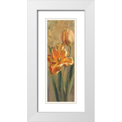 Parrot Tulips on Gold I White Modern Wood Framed Art Print with Double Matting by Nai, Danhui