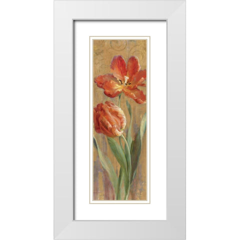 Parrot Tulips on Gold II White Modern Wood Framed Art Print with Double Matting by Nai, Danhui
