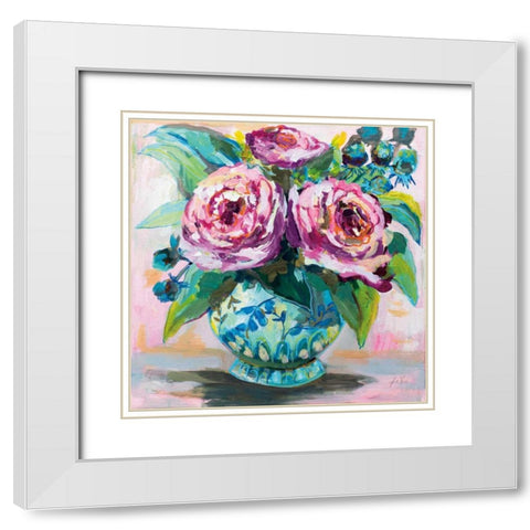 Pink Peonies II White Modern Wood Framed Art Print with Double Matting by Vertentes, Jeanette