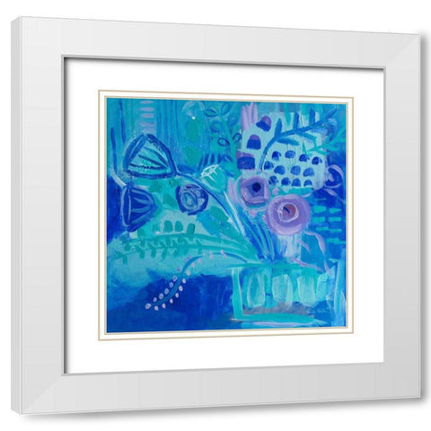 Blue Flora Abstract White Modern Wood Framed Art Print with Double Matting by Zaman, Farida