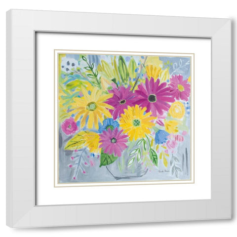 Happy Flowers White Modern Wood Framed Art Print with Double Matting by Zaman, Farida