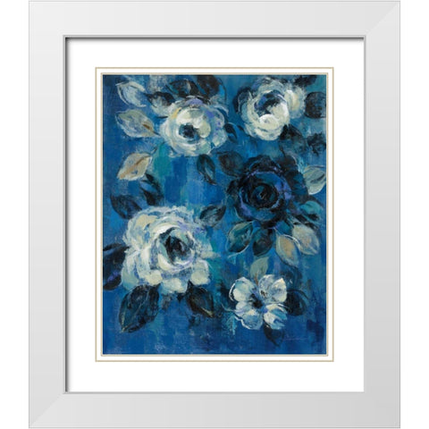 Loose Flowers on Blue II White Modern Wood Framed Art Print with Double Matting by Vassileva, Silvia