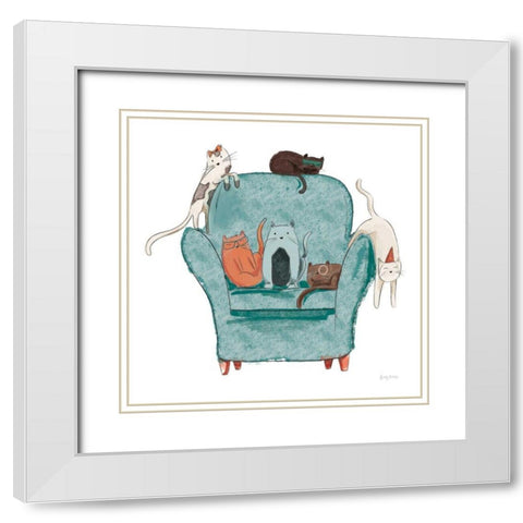 Playful Pets Cats I White Modern Wood Framed Art Print with Double Matting by Thorns, Becky