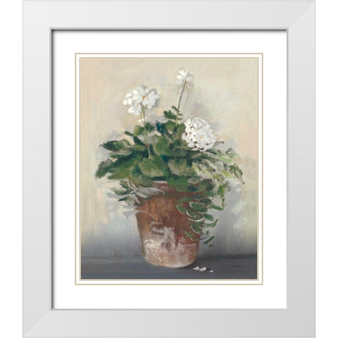 Pot of White Geraniums White Modern Wood Framed Art Print with Double Matting by Rowan, Carol