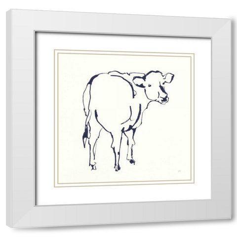 Line Cow Navy White Modern Wood Framed Art Print with Double Matting by Paschke, Chris