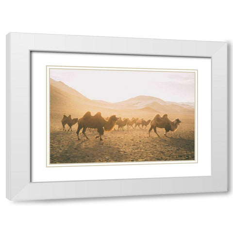 Camels on the Move White Modern Wood Framed Art Print with Double Matting by Aledanda