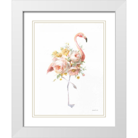 Floral Flamingo I White Modern Wood Framed Art Print with Double Matting by Nai, Danhui