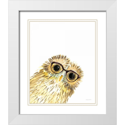 Owl in Glasses White Modern Wood Framed Art Print with Double Matting by Charro, Mercedes Lopez