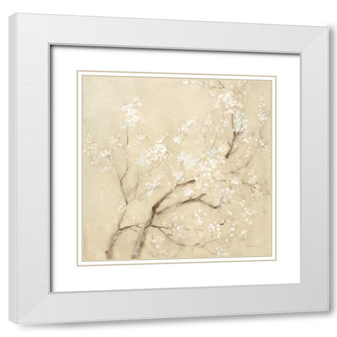 White Cherry Blossoms I Linen Crop White Modern Wood Framed Art Print with Double Matting by Nai, Danhui