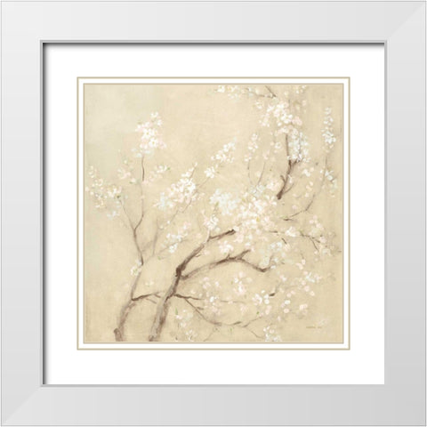 White Cherry Blossoms I Linen Crop White Modern Wood Framed Art Print with Double Matting by Nai, Danhui