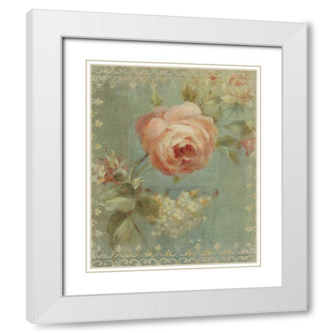 Rose on Sage White Modern Wood Framed Art Print with Double Matting by Nai, Danhui
