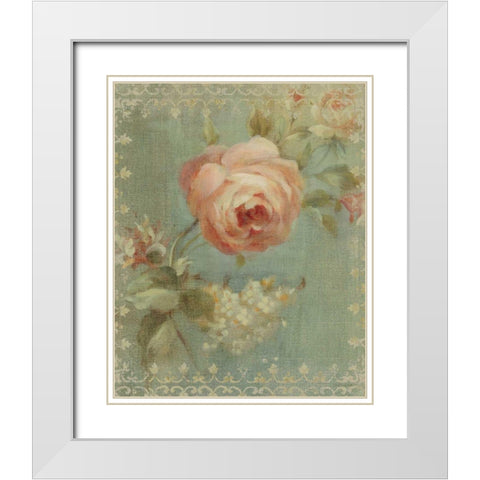 Rose on Sage White Modern Wood Framed Art Print with Double Matting by Nai, Danhui