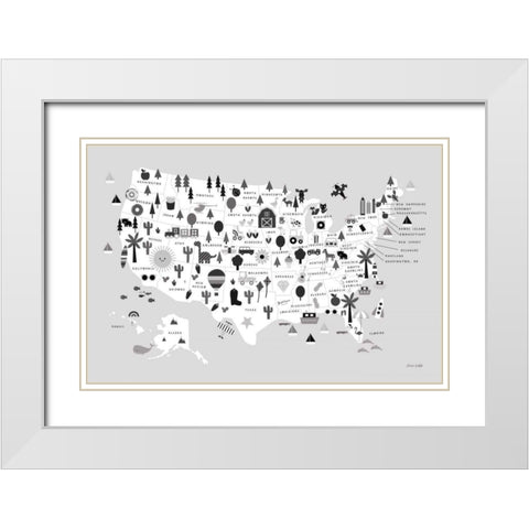 Fun USA Map BW White Modern Wood Framed Art Print with Double Matting by Kelle, Ann