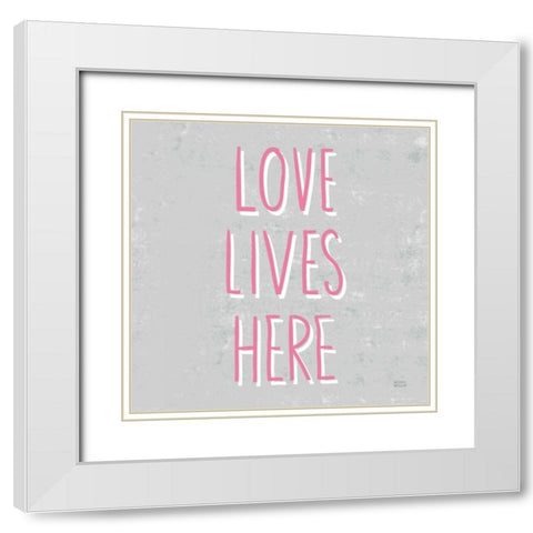 Love Lives Here Slate and Pink White Modern Wood Framed Art Print with Double Matting by Mullan, Michael