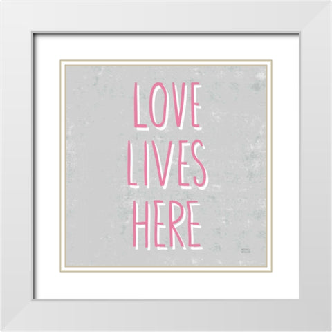 Love Lives Here Slate and Pink White Modern Wood Framed Art Print with Double Matting by Mullan, Michael