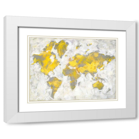 World Map Yellow Gray White Modern Wood Framed Art Print with Double Matting by Nai, Danhui