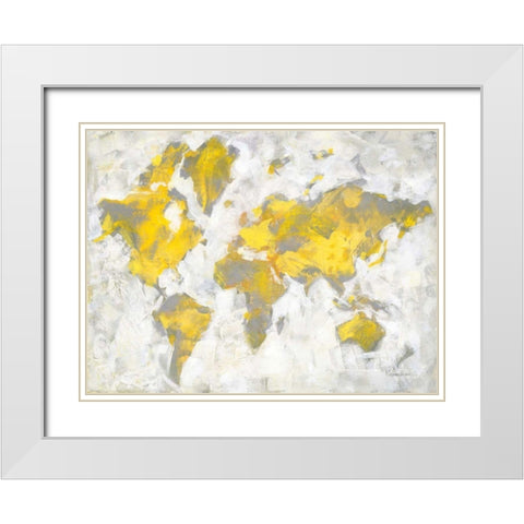 World Map Yellow Gray White Modern Wood Framed Art Print with Double Matting by Nai, Danhui