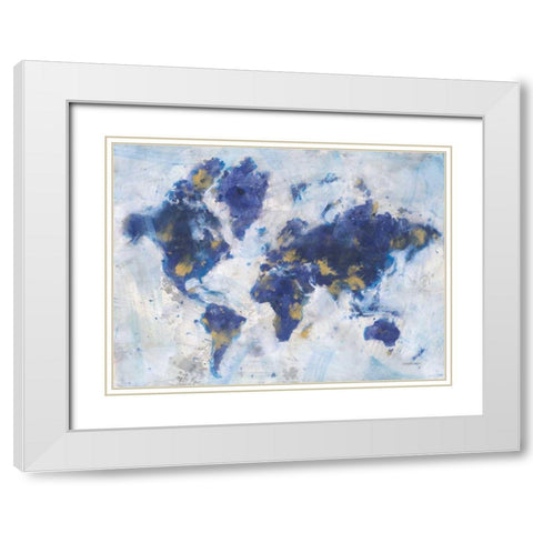 Indigo World Map White Modern Wood Framed Art Print with Double Matting by Nai, Danhui