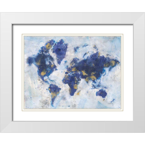 Indigo World Map White Modern Wood Framed Art Print with Double Matting by Nai, Danhui