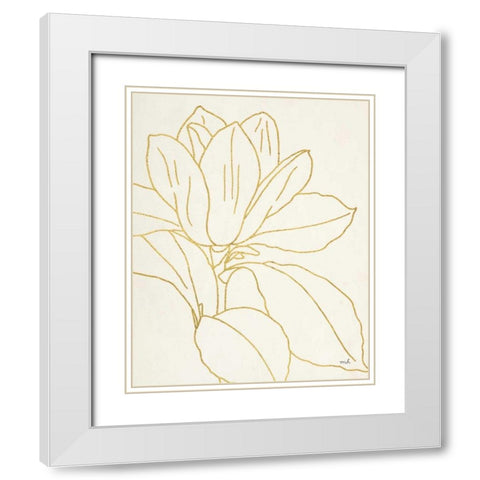 Gold Magnolia Line Drawing v2 Crop White Modern Wood Framed Art Print with Double Matting by Hershey, Moira