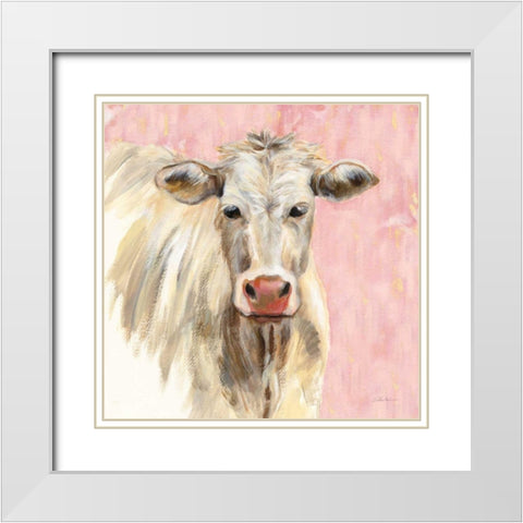 White Cow on Pink White Modern Wood Framed Art Print with Double Matting by Vassileva, Silvia