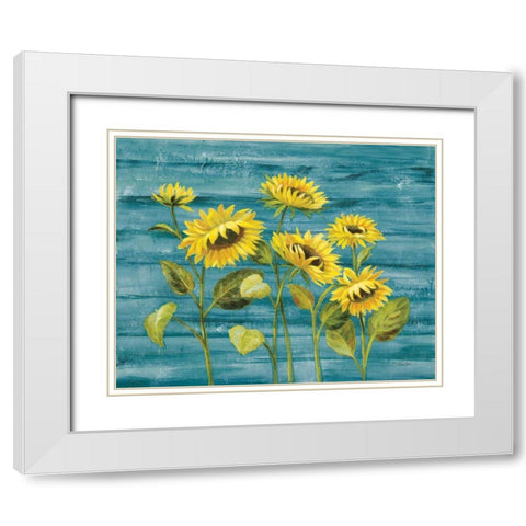 Cottage Sunflowers Teal White Modern Wood Framed Art Print with Double Matting by Vassileva, Silvia