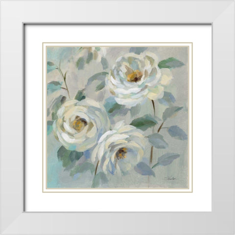 Blue Gray Floral White Modern Wood Framed Art Print with Double Matting by Vassileva, Silvia