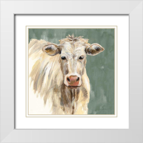 White Cow on Sage White Modern Wood Framed Art Print with Double Matting by Vassileva, Silvia
