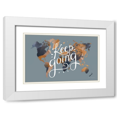 Keep Going World Map White Modern Wood Framed Art Print with Double Matting by Escalante, Omar