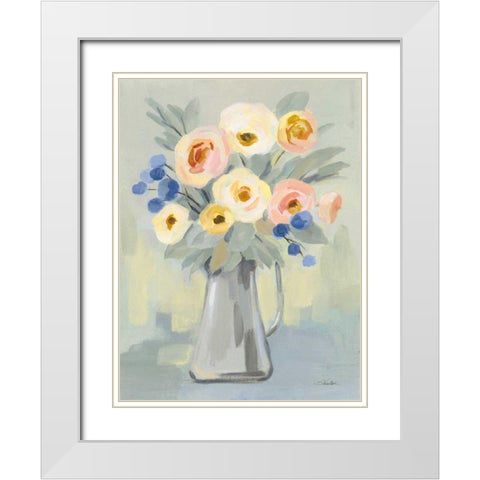 Pale Flowers on Sage White Modern Wood Framed Art Print with Double Matting by Vassileva, Silvia