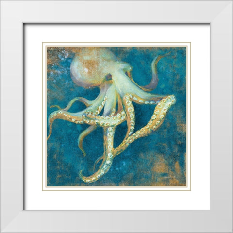 Ocean Octopus White Modern Wood Framed Art Print with Double Matting by Nai, Danhui