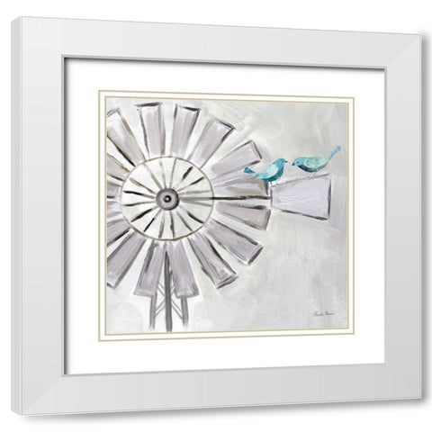 Farmhouse Windmill with Birds White Modern Wood Framed Art Print with Double Matting by Zaman, Farida