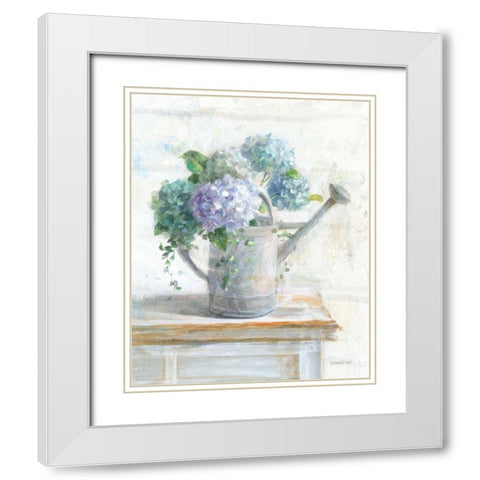 Morning Hydrangeas II White Modern Wood Framed Art Print with Double Matting by Nai, Danhui